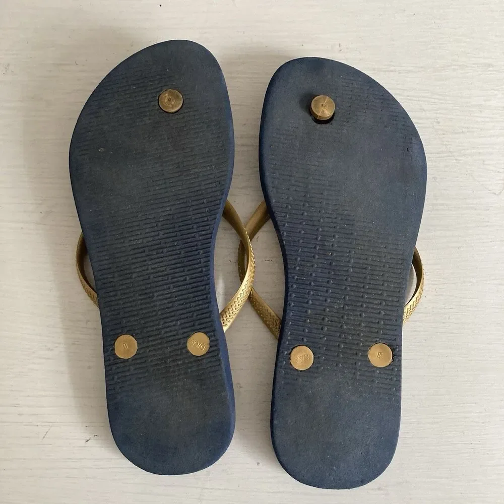 Havaianas Womens Navy Gold Peacock Feather Print Slim Flip Flops Size 7-8